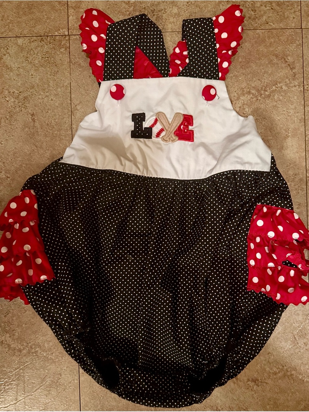 NWOT Stellybelly Polka Dot Red & Black Toddler Romper w/ Baseball Love Applique